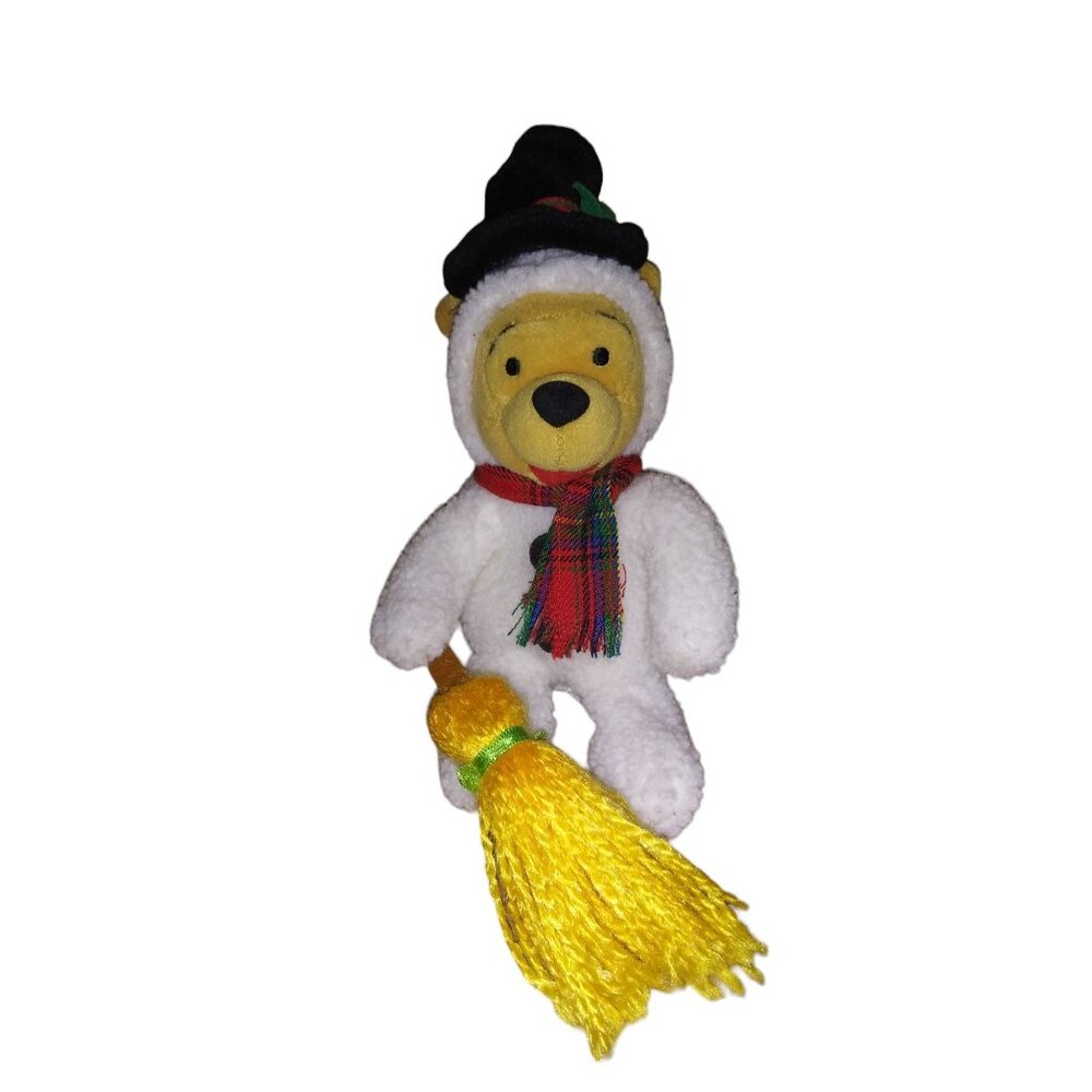 Snowman Pooh Disney Store Stuffed Plush Winnie the Pooh with Broom Bean Bag Toy